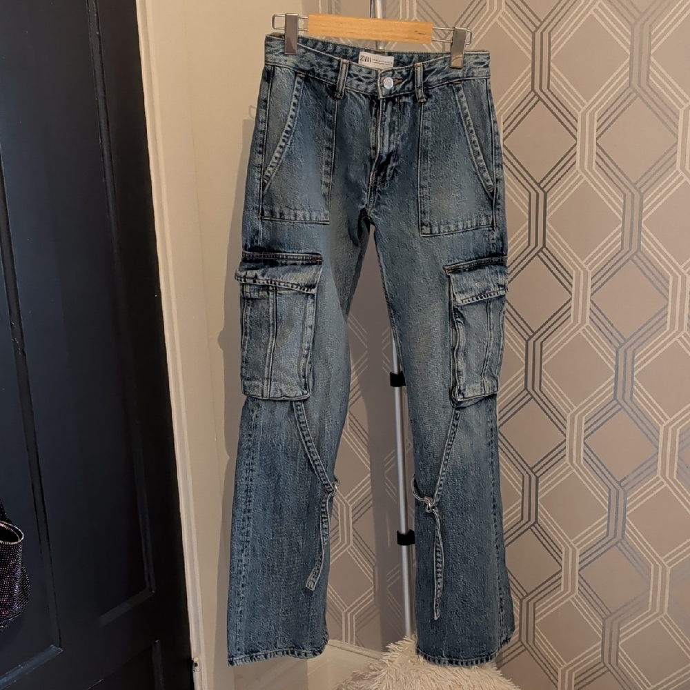 Zara Women's Blue Flare Cargo Jeans